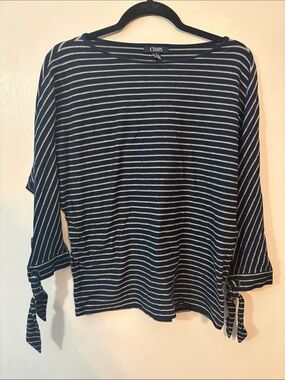 Chaps Navy and White Striped Tie-Cuff Long Sleeve Top Size Medium